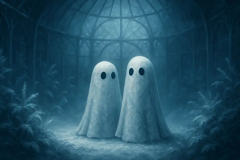 Two pale ghost figurines glowing beneath the frosted dome of the conservatory.