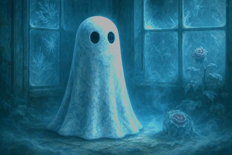 A marbled white, silver, and blue ghost figurine glowing with frosted light.