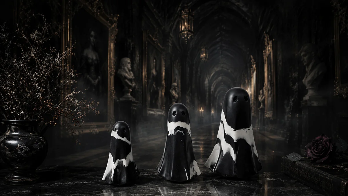 Black and white marble ghost figurines standing within the Wanderers’ Gallery, a gothic chamber of Unbound spirits filled with faded portrait frames, shadowed sculptures, hanging lanterns, drifting mist, and a long candlelit corridor inside the House of Ghosts.